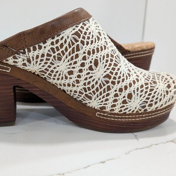 KORKS Women's Nora Clog Tan Crochet Overlay Slip On Wooden Platform Shoes 8 Boho - Picture 6 of 15